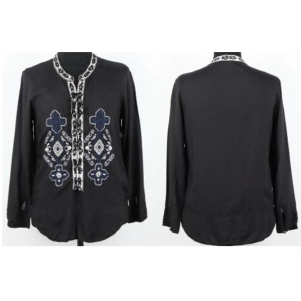 ODD MOLLY Anthropologie Boho Embroidered Lace Up Black Blue White Top Large‎